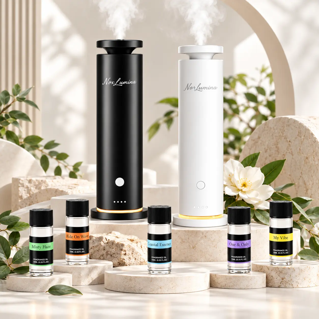 MYLLIUIM Waterless Scent Diffuser Kit - Relaxation & Tranquil Aromatherapy Machine, 5 Scent Oils, Breathing Light, Remote Control, 1200 Sq Ft Coverage, Diffuser for Home, Modern Home Decor, Fragrance Spread for Office