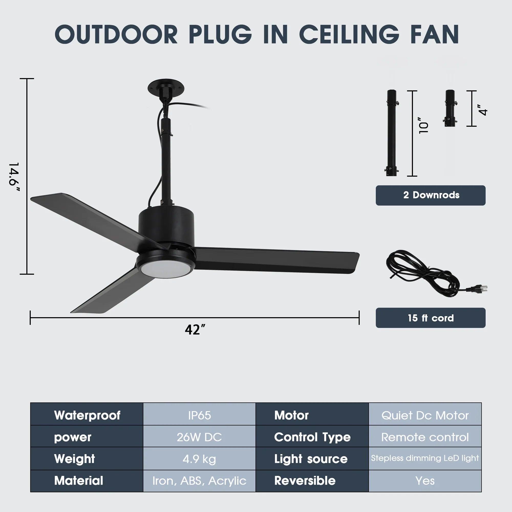 42" Outdoor/Indoor Ceiling Fan with Light | IP65 Waterproof Black | Remote & Convenient Hanging Hook