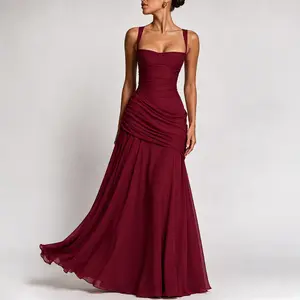 Women's Plain High-Waisted Slim-Fitting Dress, Casual Sleeveless Long Dress, Elegant Square Neck Pleated Sexy Fashion Dress