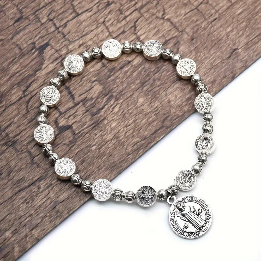 Vintage St. Benedict Bracelet in Stainless Steel, Sporty Elastic Wristband, Unisex Religious Jewelry for Casual Wear, Bracelet Wristband, Elastic Bands, Benedict Symbol, Vintage Sporty Look, Unisex Wear, One Size