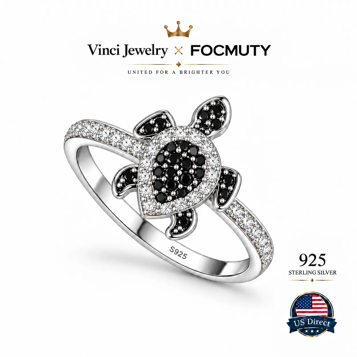 FOCMUTY 925 sterling silver Black and White Sea Turtle Ring Sparkling Ocean Inspired Statement Jewelry Coastal Beach Style Animal Motif Ring for Women Girls Teens Daily Wear Vacation Summer Outfit Party Gift Nature Lover Trendy Chic Fashion Accessory