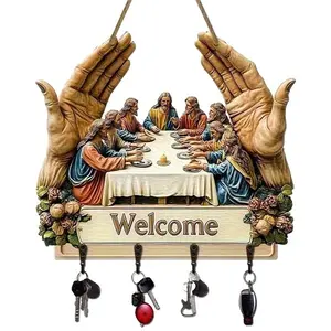 Flat Jesus and Disciples Wall Art Keychain 1 Piece,Exquisite Religious Design with Four Metal Hooks,10.43"x11.81" Artificial Wood & Metal Frame,Porch Welcome Sign,Farmhouse Style Seasonal Home Decor,Intricate Craftsmanship