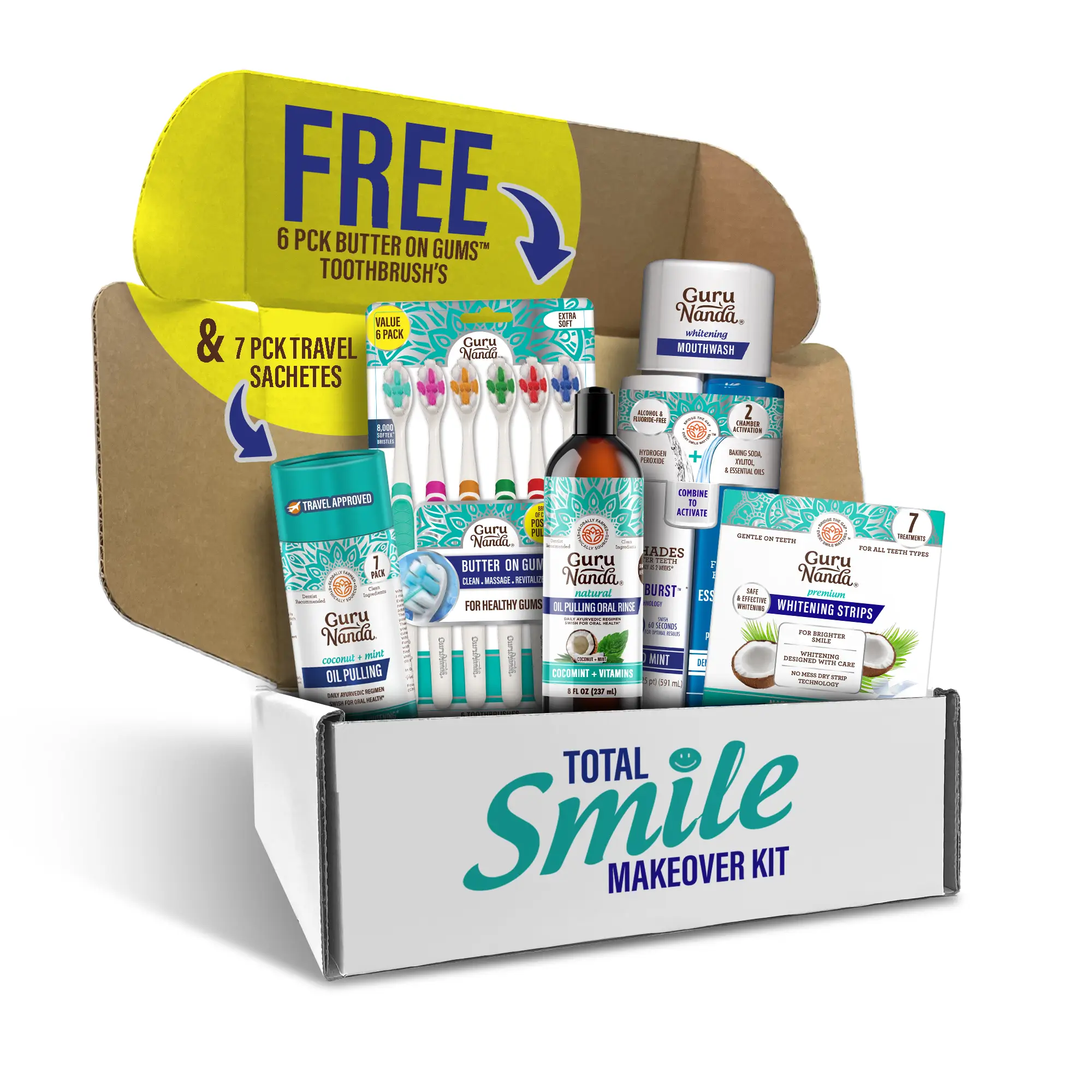 Total Smile Makeover Kit - GuruNanda Oral Care Oil Pulling, Mouthwash, Whitening Strips & Toothbrushes