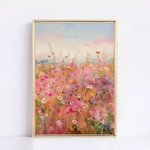 Pink Botanical Wildflower Printable – Colorful Oil Painting Style for Farmhouse Decor or Floral Nursery Wall Art