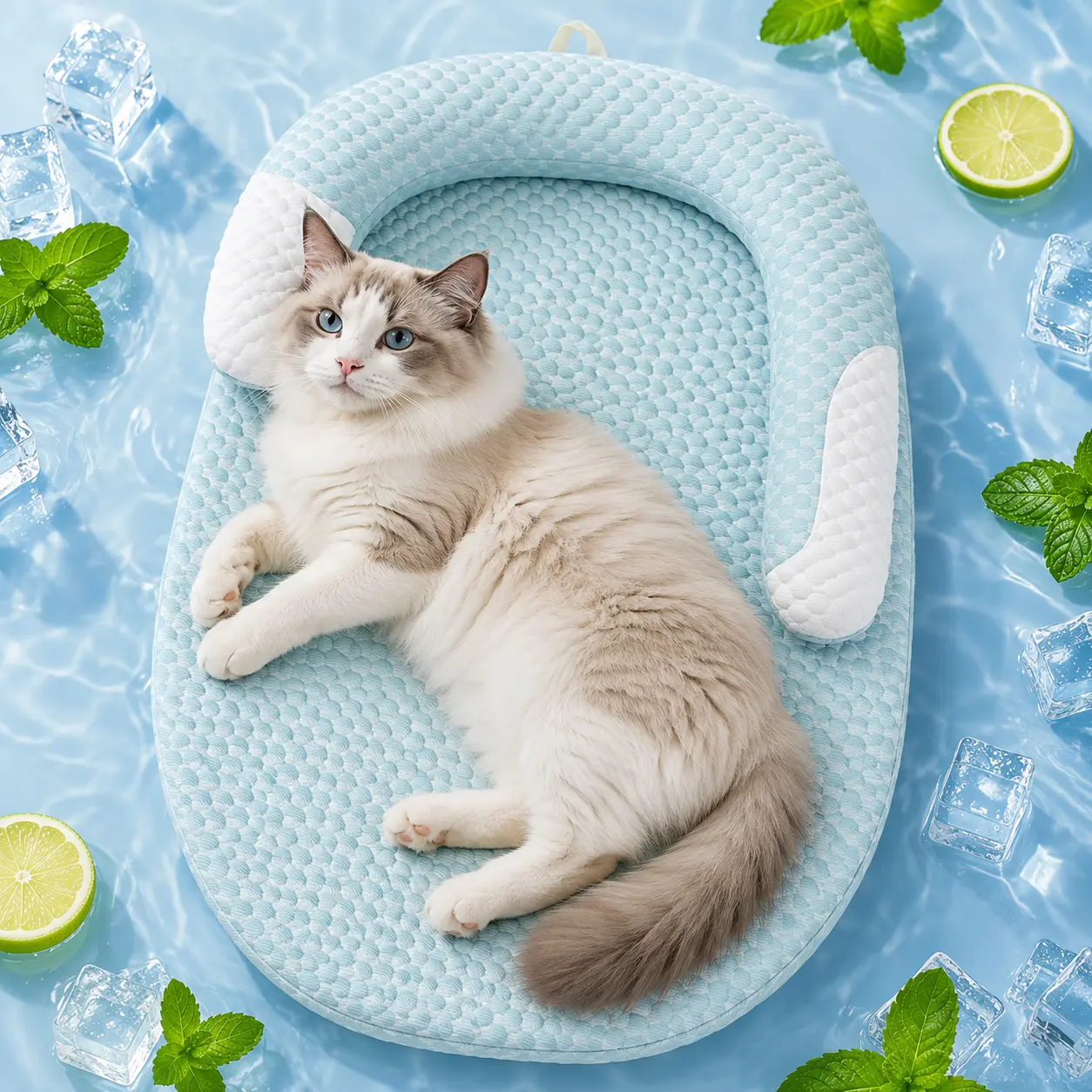 KittyDine Cooling Pet Bed for Small Dogs & Cats - Cool-to-the-Touch Mat, Removable U-Shaped Bolster, Cushioned Foam Base, Machine Washable Cover, Slip-Resistant Bottom