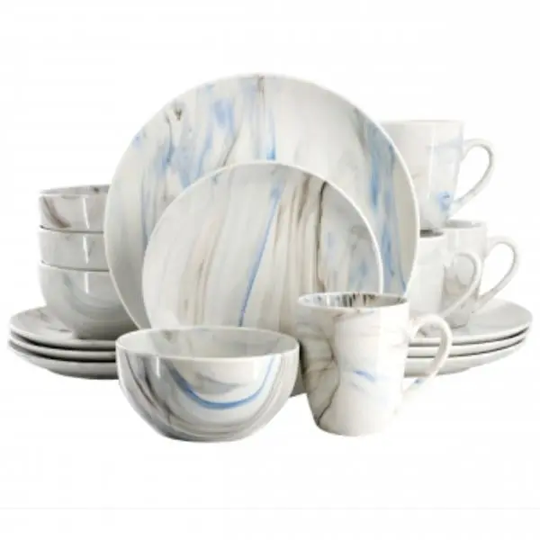 Elama EL-FINEMARBLE-BG 16-Piece Blue & Gray Fine Marble Porcelain Dinnerware Set - Round Plates Included, Elegant Kitchen Tableware Set, 16 Pieces