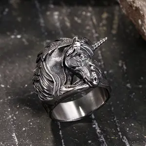 GTHIC Gothic Unicorn Ring Dark Style Stainless Steel Jewelry for Men & Women Charms Birthday Gifts