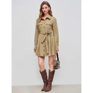 Cider [size 0-10] 100% Cotton Collar Solid Pocket Button Long Sleeve Mini Dress With Belt