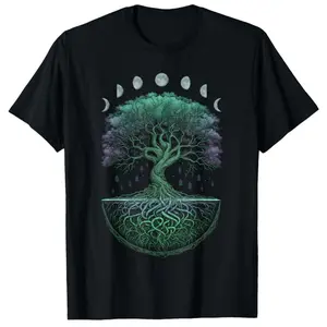 Men's 100% Cotton Breathable T Shirt, Mysterious Tree of Life and Celtic Moon Phase Design Casual, Sports, Machine Washable, Black Crew Neck T Shirt, Casual Wear T Shirt | Celestial Pattern Shirt | High Quality Knitted Structure Comfort Wear Cotton Mens