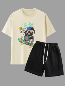 Two-Piece Set Men's Regular Fit Letter & Pug Print Tee & Shorts, Casual Round Neck Short Sleeve T-Shirt & Track Shorts, Men's Two-Piece for Daily Wear, Pajama