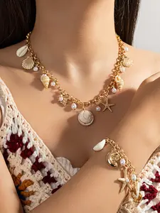 Oceanic Style Natural Shell Conch Starfish Necklace Bracelet Set, Fashion Jewelry Set, Unique Beach Jewelry Gift, Perfect for Summer Accessories