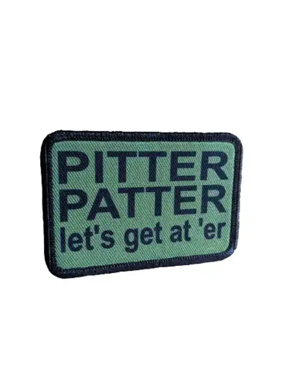Olive green Pitter patter let's get at 'er meme 2"x3" removable morale patch with hook and loop backing