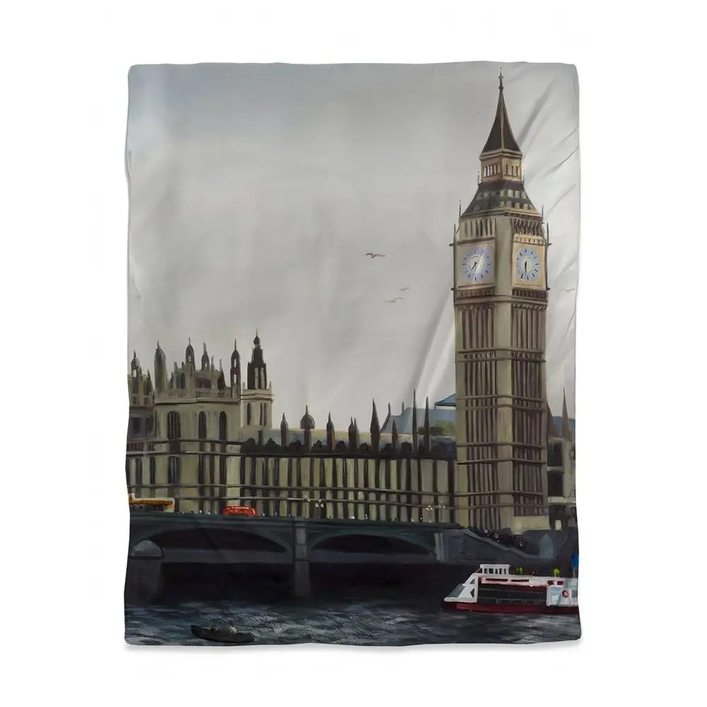 Begin Home Decor Gray Big Ben Art Print Minimalist Microfiber Face Duvet Cover - Twin Size Bed Duvetcovers, London Themed Home Bedding with Hidden Zipper