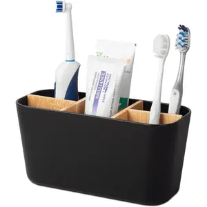Toothbrush Holders for Bathrooms, Bamboo Tooth Brush Holder with 5 Slots Bathroom Vanity Organizer Countertop for Electric Toothbrushes, Toothpaste, Razors - Black