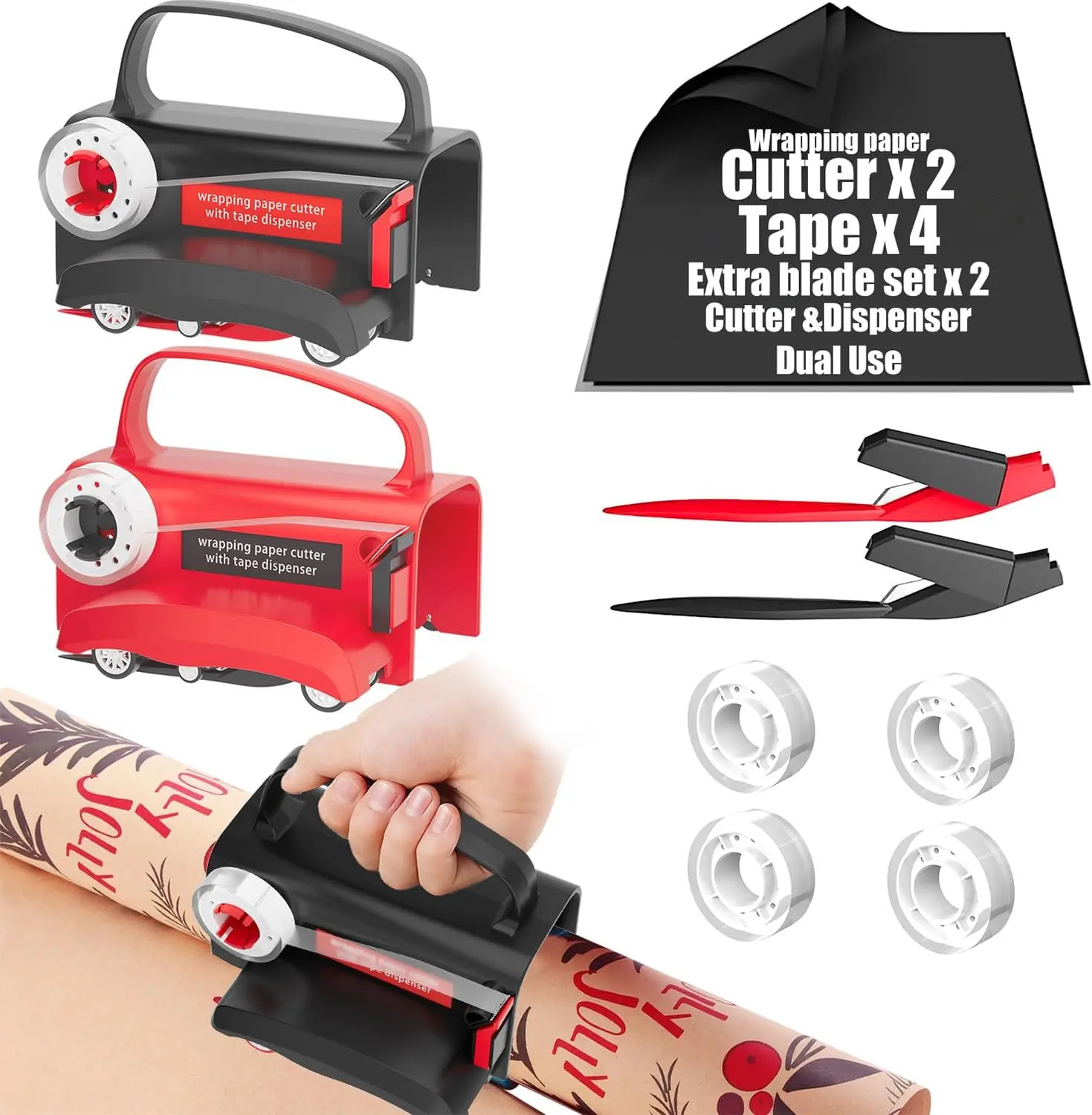 Sugoiti 2-Pack Wrapping Paper Cutter & Tape Dispenser, 200ft Total Tapes (4 Included), 2 Replacement Blades Kit, Safe Efficient Straight Sliding Tool for Christmas, Thanksgiving, Birthdays, Kraft Paper, Black & Red