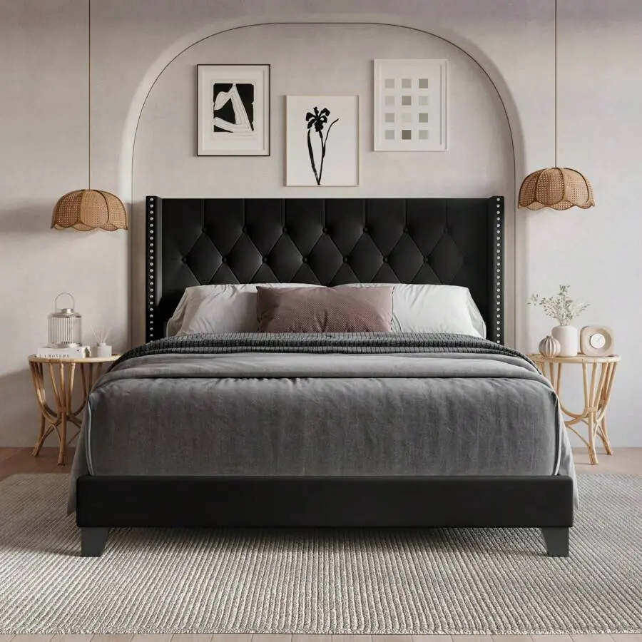 Home Design Homer Tufted Upholstered Panel Bed With Nail Head Trim Wingback Headboard