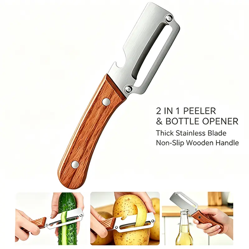2-in-1 Wooden Handle Peeler with Bottle Opener, Stainless Steel Kitchen Tool for Fruits and Veggies
