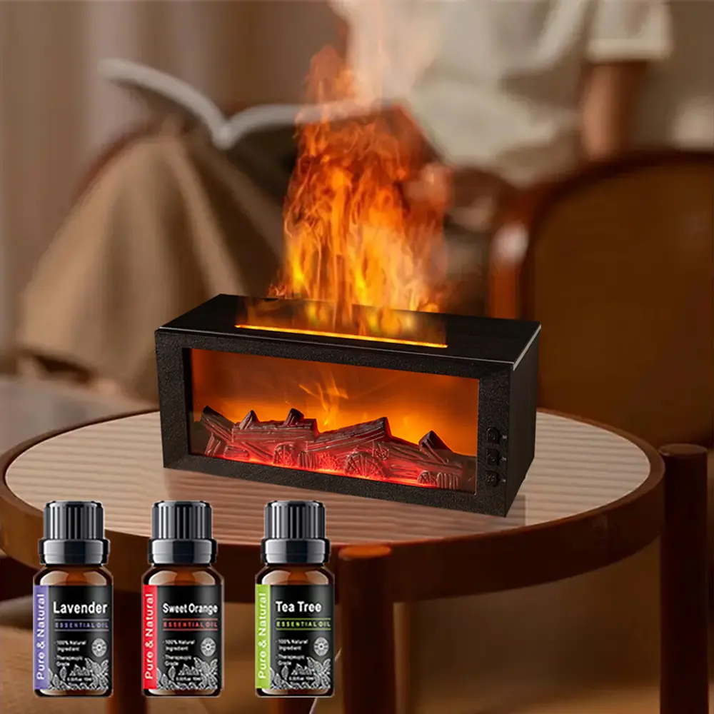Flame Diffuser Humidifier - Fireplace Aromatherapy Home Humidifier with Realistic Flame Nightlight, Auto-Off Safe, Waterless Adds Peace of Mind, Remote Control, Antistress Fragrance Function, Household Appliance