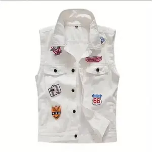 Streetwear, white washed men's denim jacket, trendy high street versatile sleeveless vest, outdoor casual men's jacket, heavy-duty embroidered men's top