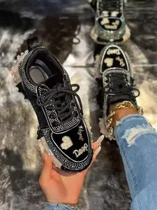 New Thick Sole Dad Shoes for Women, Rhinestone Sequins Height Increasing Platform Sneakers, Casual Sporty Streetwear Shoes