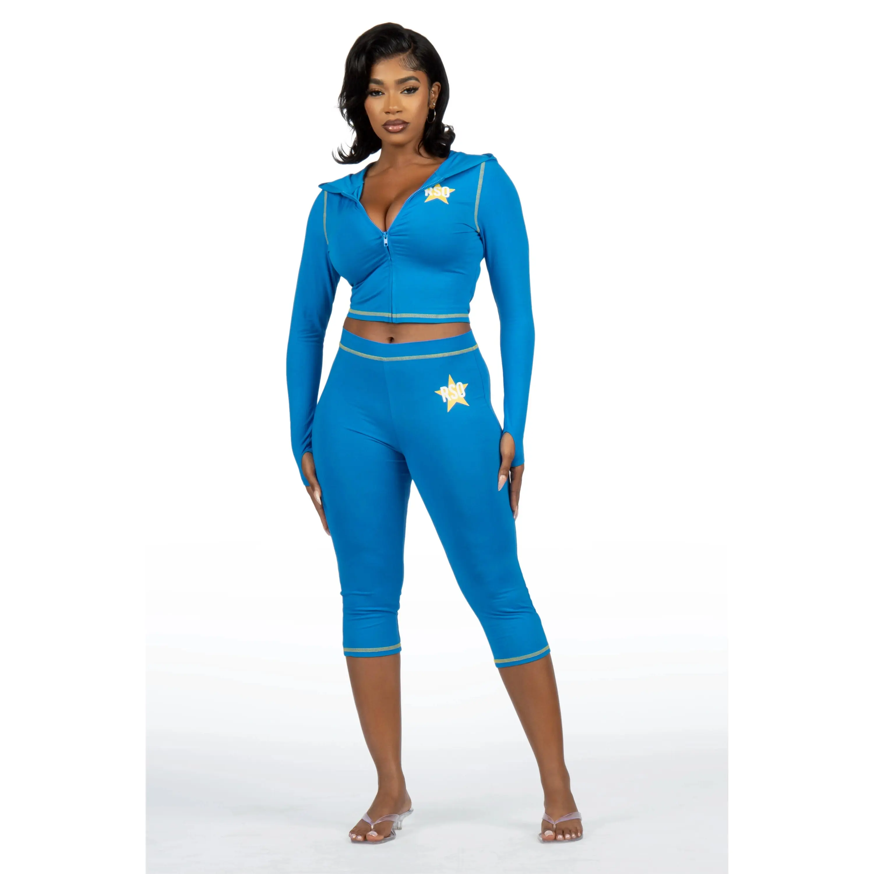 Sharina Blue Zip Up Capri Set Sharina Blue Zip Up Capri Set