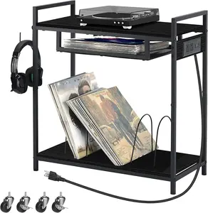 Wooden Record Player Stand with Vinyl Storage and Charging Station, 2 Tier Record Table on Wheels for Vinyl Records and Albums,Black