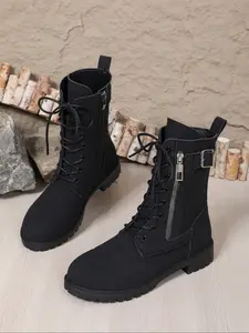 Women's Boots with Buckle Decorations, Side Zipper Design, Rubber, Fashion Punk Style, Perfect for Trendy