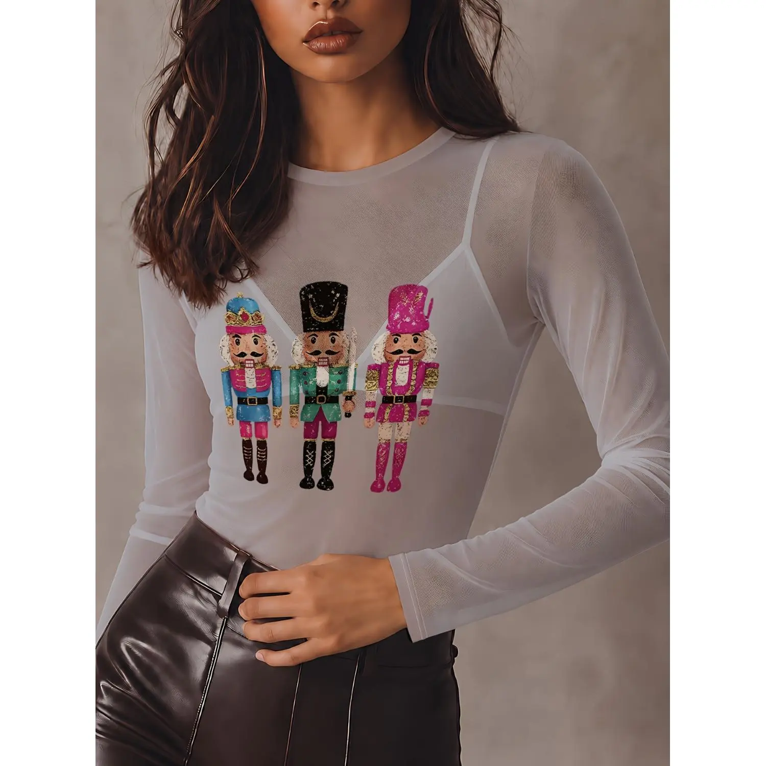 Christmas Nutcracker Soldier Print Long Sleeve Mesh T-Shirt