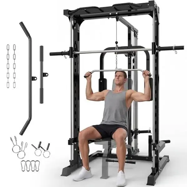 Heavy-Duty Carbon Steel Smith Machine Power Cage Home Gym Equipment - Cable System, LAT Pulldown, Low Row, Pull-Ups, Bench Press for Full Body Strength Training