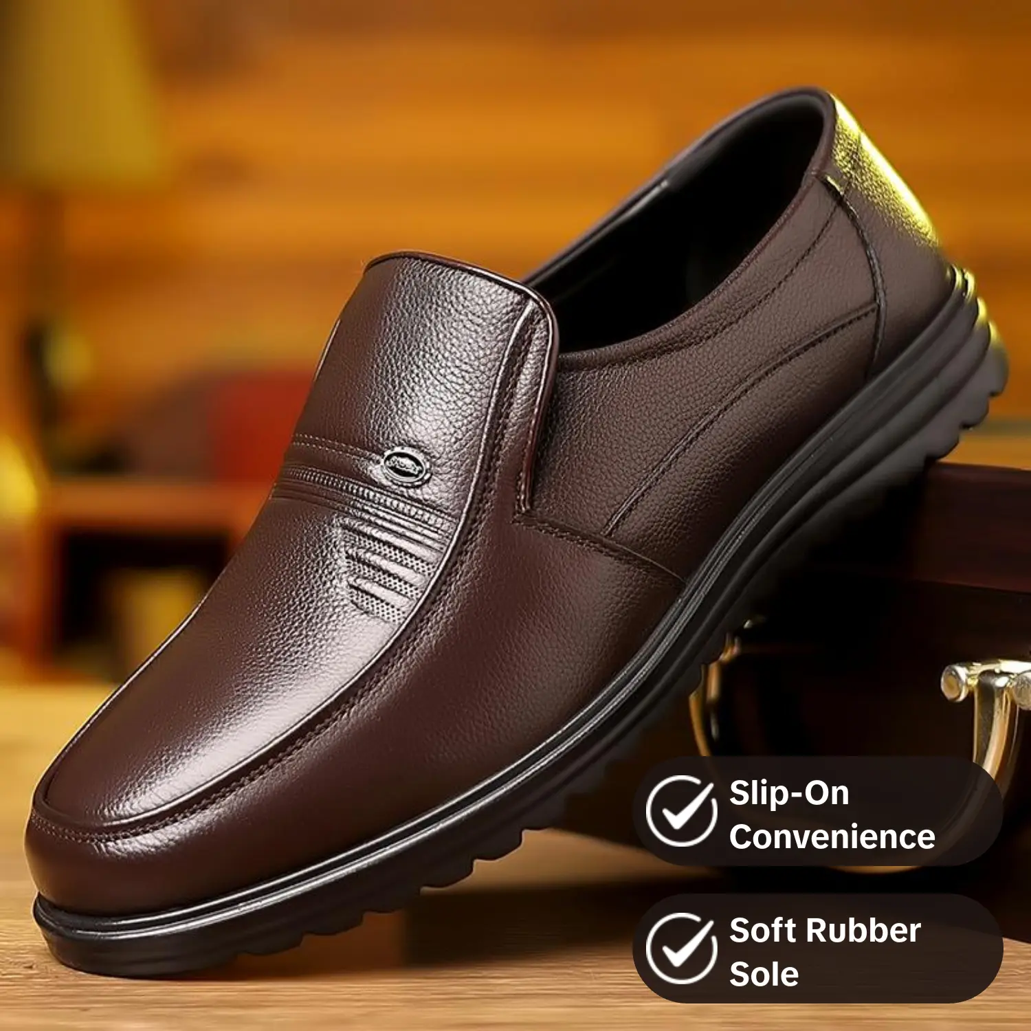 Men's Black Leather Slip-On Loafers - British Style Formal Footwear with Comfortable Soft Rubber Sole, Ideal for Business, Office Use