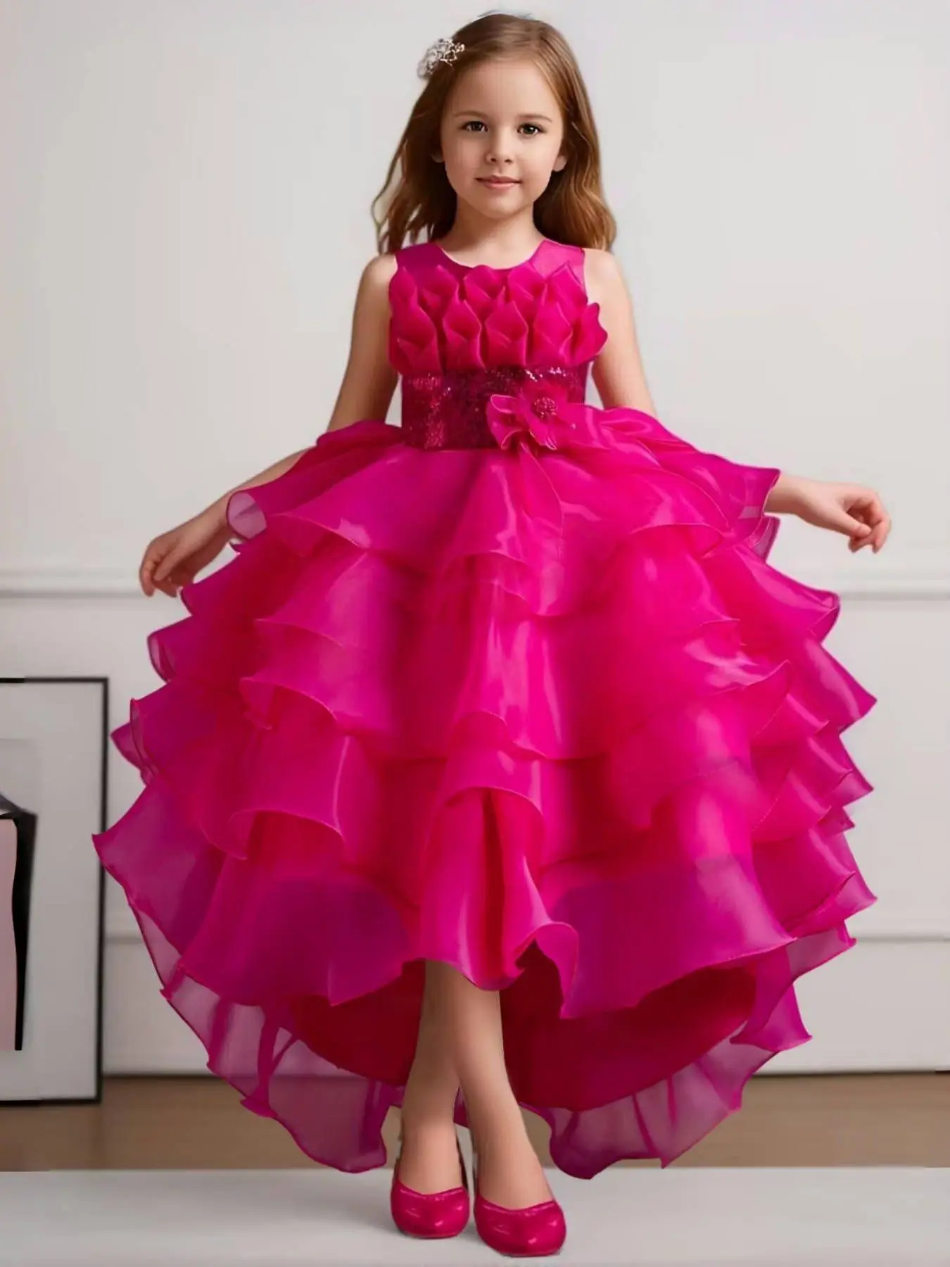Girl's Contrast Sequin Bow Decor Tiered Layer Satin Fit & Flare Dress, Elegant High Low Hem Sleeveless Party Dress for Performance Wedding Guest, Kids