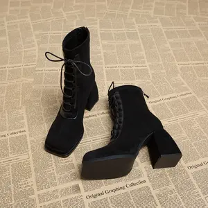 Autumn 2025 New Waterproof Platform European and American Style Elegant Women's Shoes Chunky Heel High Heels Boots Square Toe Nightclub Fashion Ankle Boots 6800-6