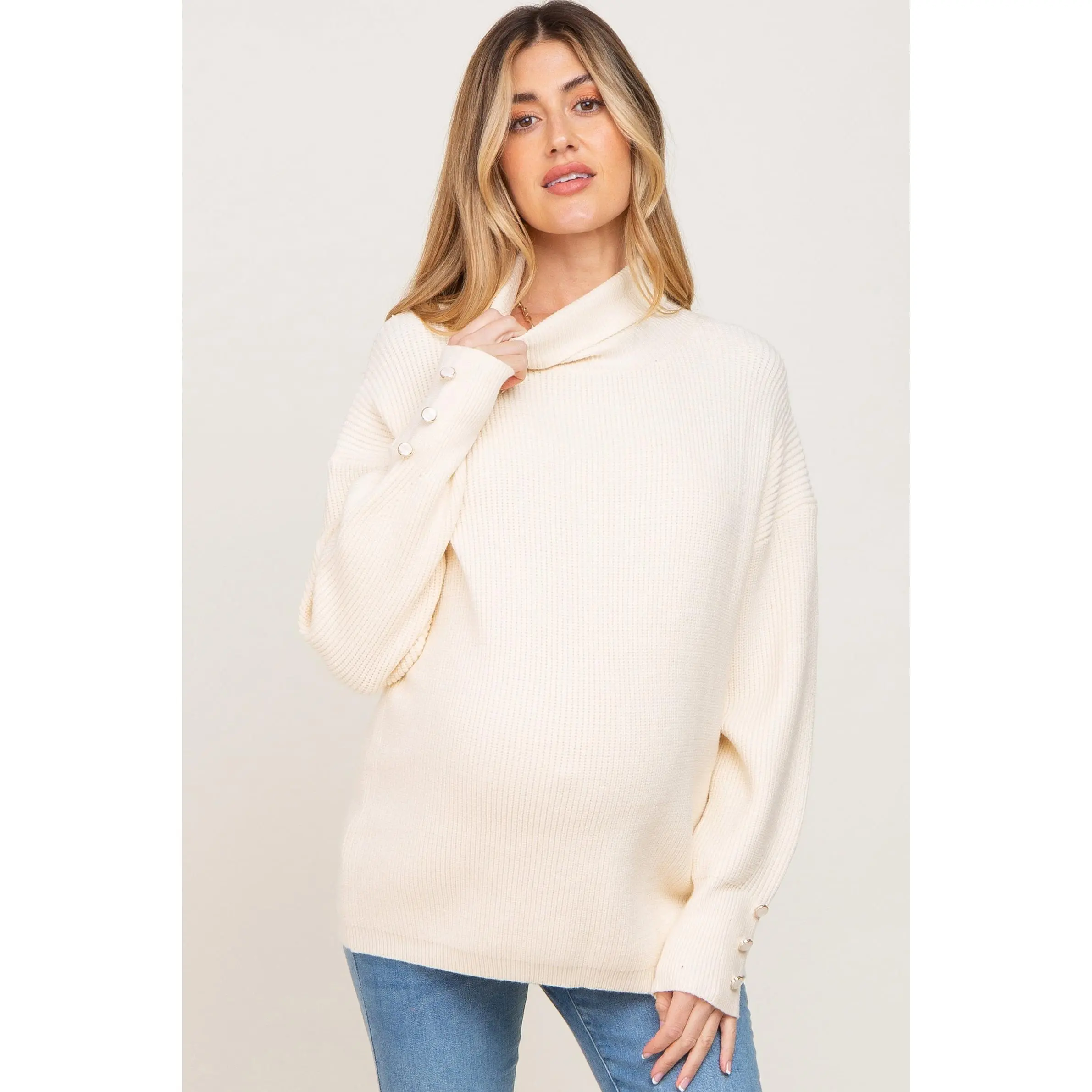 Cream Button Accent Turtleneck Maternity Sweater