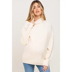 Cream Button Accent Turtleneck Maternity Sweater