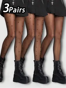 Women's Heart Pattern Swiss Dot Print Contrast Mesh Tights, Casual Comfy Breathable High Stretch Stockings for Daily Wear, Ladies Socks for All Seasons