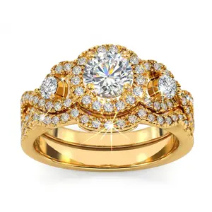 VOWSERING Luxury Wedding Ring Set for Women Three stone 1.5CT Round AAAAA CZ Yellow Gold Plated Engagement Ring & Band with Ring Box US 6-10