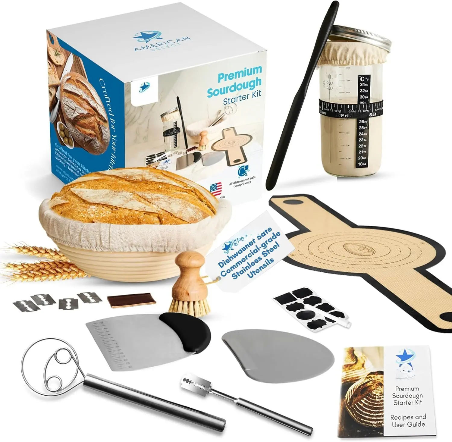 23 count Complete Sourdough Starter Kit with Banneton Proofing Basket, 800ml Jar, Bread Lame, Danish Whisk & sling, sourdough bread baking supplies