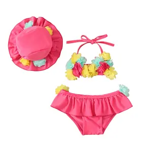 Newborn Baby Girl Flower Swimsuit 3Pcs Halter Triangle Tops Ruffle Bottoms Sun Hat Bikini Set Infant Girls Bathing Suit Swimwear