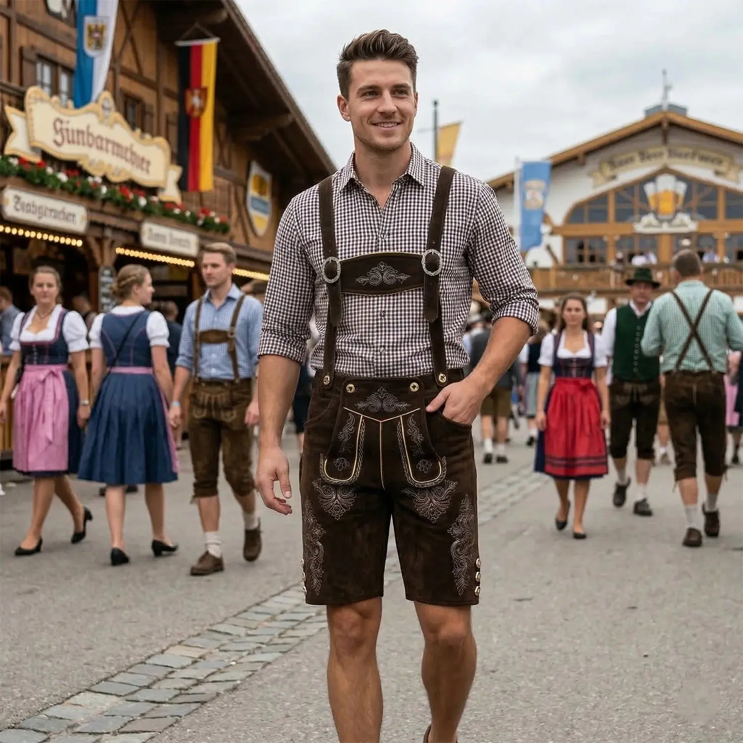 Dark Brown 2 Traditional Bavarian Cowhide Suede Lederhosen Shorts for Oktoberfest, Christmas & Carnivals