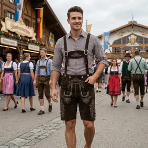 Dark Brown 2 Traditional Bavarian Cowhide Suede Lederhosen Shorts for Oktoberfest, Christmas & Carnivals