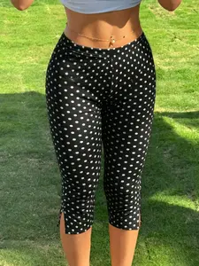 Women's Y2K Street Style Split Capri Pants, Polka Dot Slim Fit, Mid Waist, Elastic Waist, All Seasons, Yoga & Casual Wear