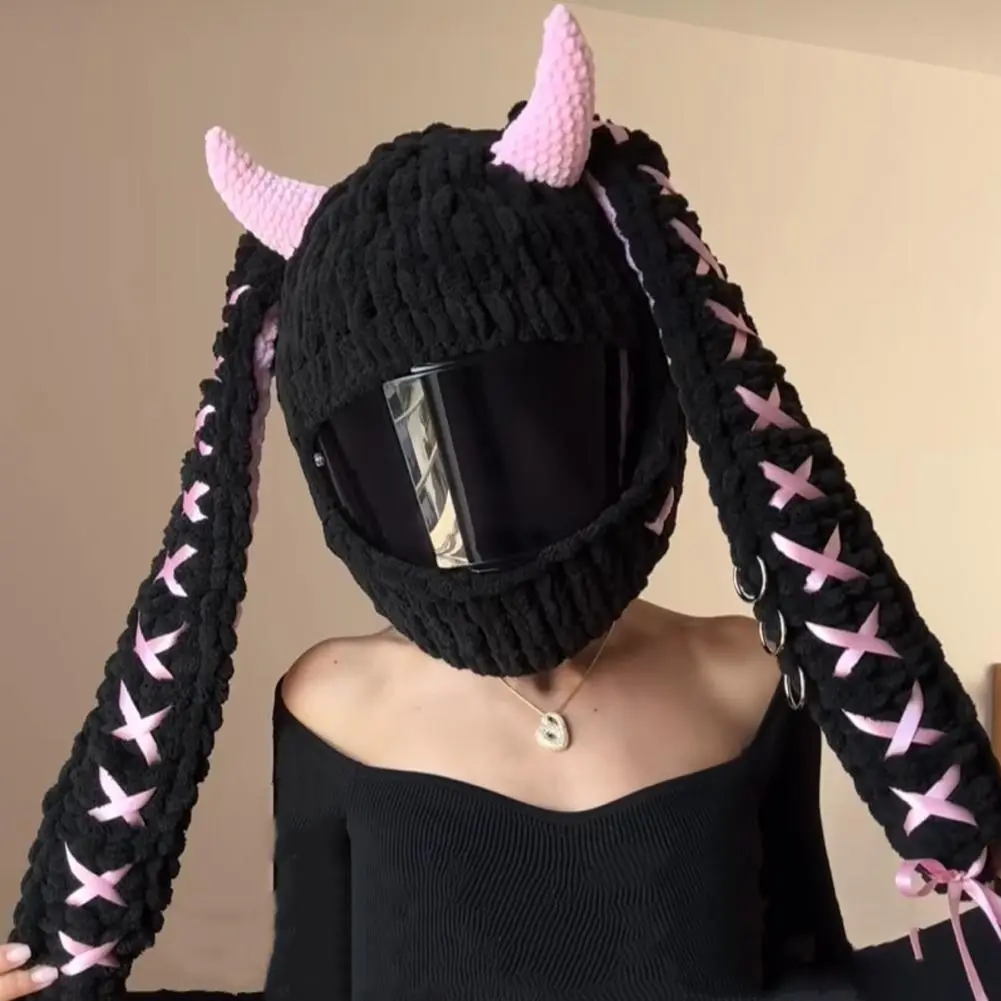 1PC Plush Motorcycle Full Face Helmet Styling Trim Unisex Rabbit Ears+Devil‘s Horn Soft Plush Knit Helmet Cover For Rider’s Gift