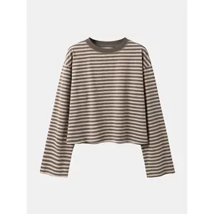 Women’s minimalist striped casual long-sleeve knit sweatshirt top, loose fit, all-season wear, medium thickness