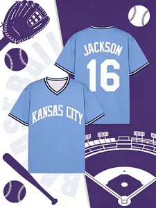Kansas City Jackson #16 Light Blue Retro Baseball Jersey, Breathable Mesh V-Neck Tee for Fans, Vintage Sports & Streetwear Collectors