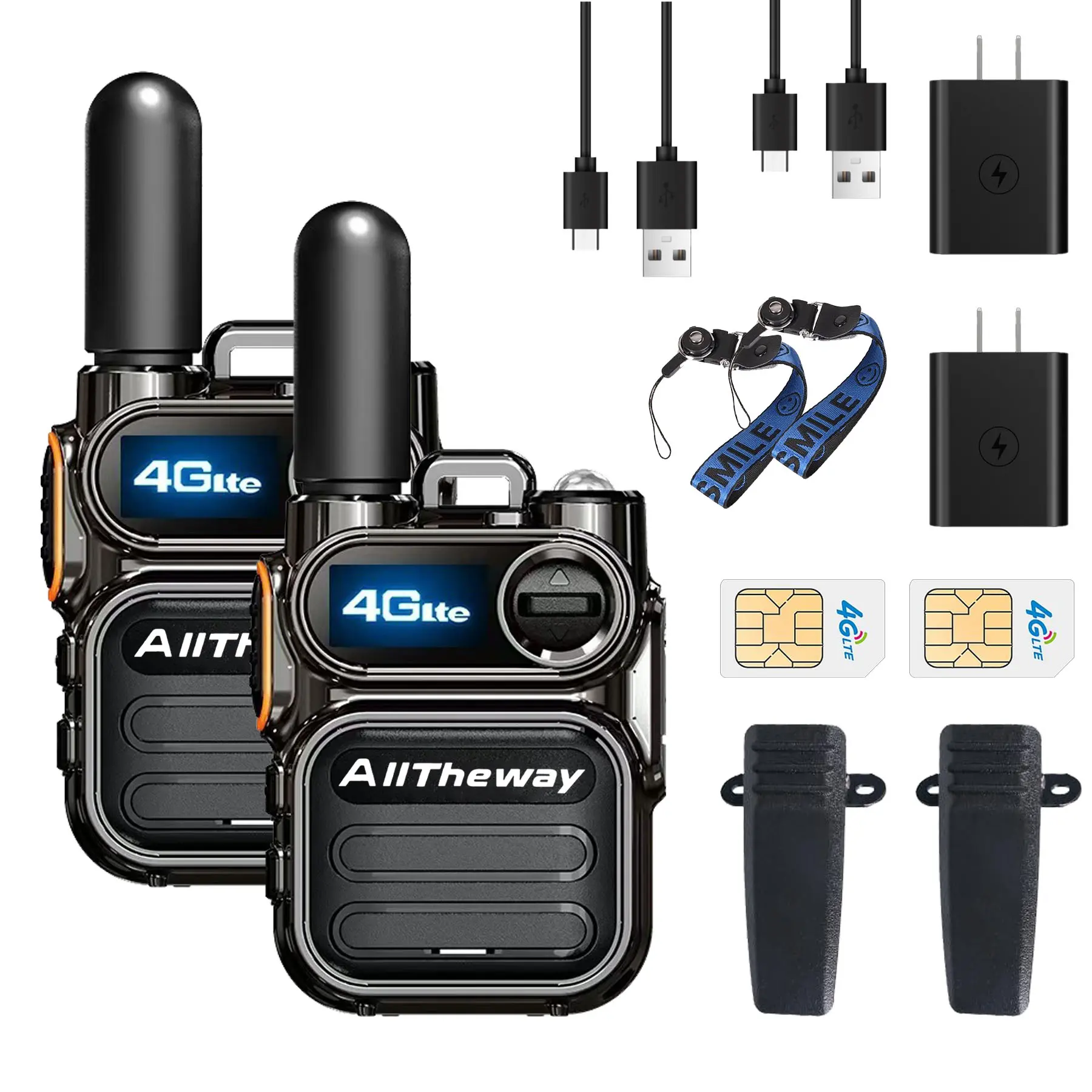 AllTheWay 4G LTE PoC Walkie Talkies - 2-Pack with SIM Card, Portable Ham Radio Transceiver Unlimited Global Range, Nationwide PTT, Long-Distance 2-Way Radios for Logistics & Company Use, usb-c programming