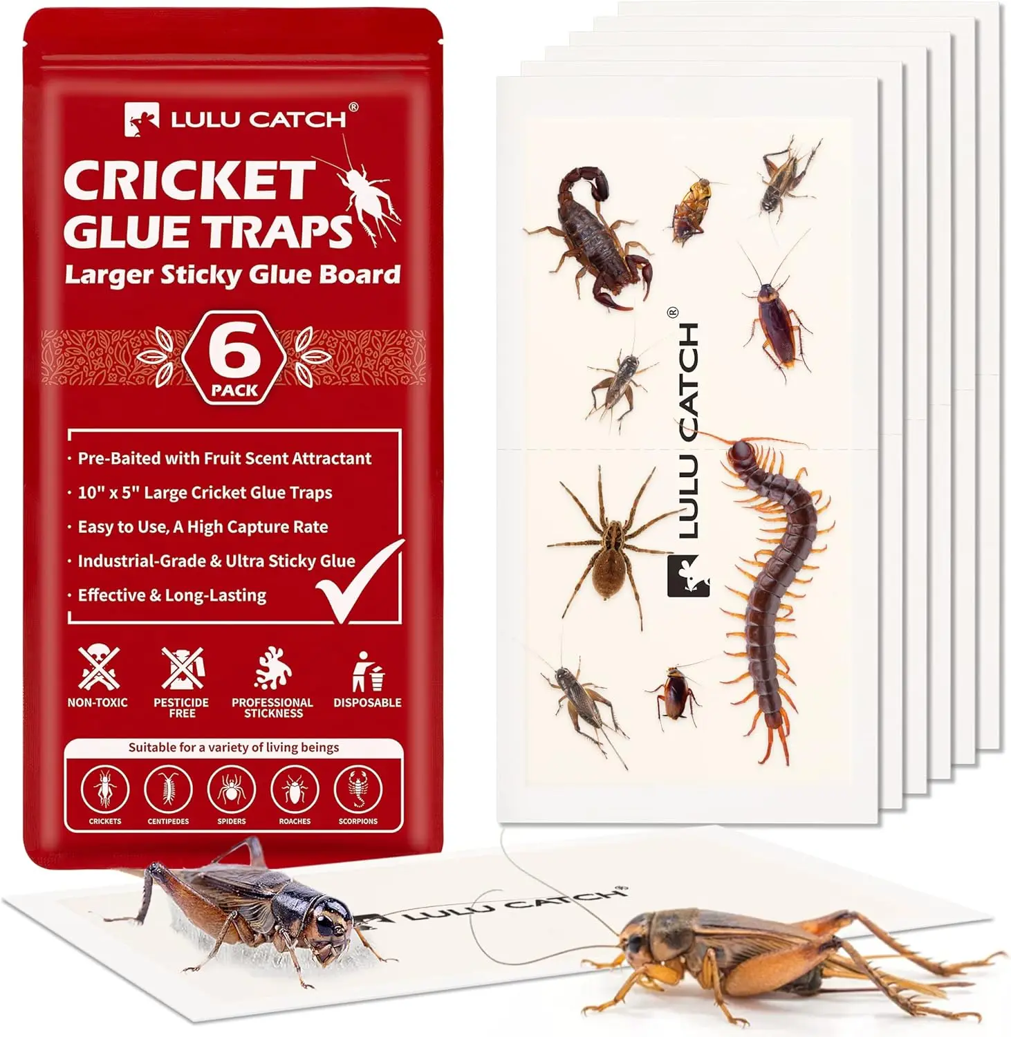6 Pack Cricket Insect Glue Traps Large – Cockroach Spider Sticky Traps Pre-Baited Attractant, Non-Toxic Pet Safe Easy to Use Indoor