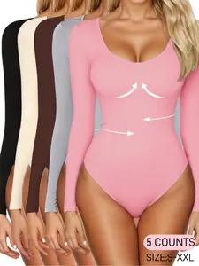 Women's Ribbed Abdomen Control Bodysuit, Long Sleeve Seamless T-Shirt, Comfortable Scoop Neck Bodysuit Stretchy Basic Tops, Fit Soft Elastic Fabric, Perfect for Daily Wear and Going Out, Shapewear for Fall&Winter