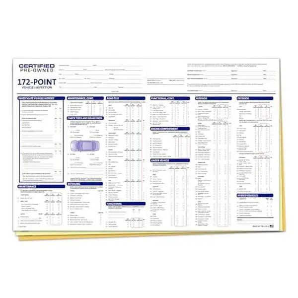 172 Point Vehicle Inspection Form (Certified Pre-Owned) – 3-Part Carbonless Multi-Point OEM Style Auto Inspection Checklist, 17" x 11" NCR Forms, White Canary Pink, Edge Glued