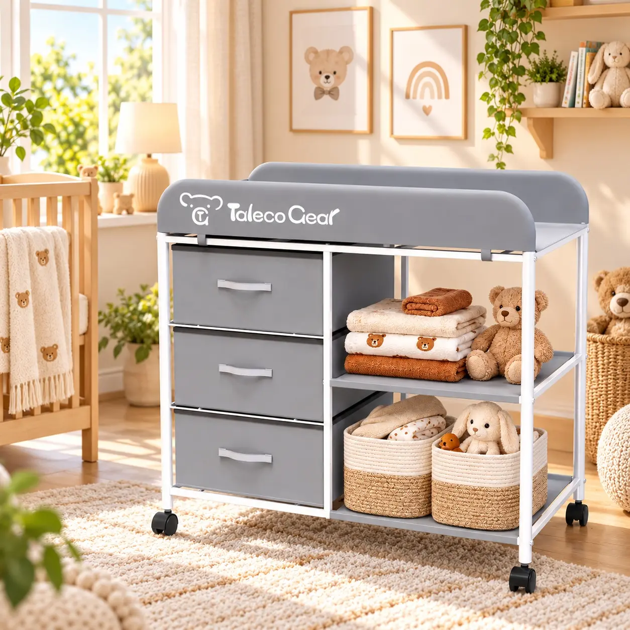 Portable Baby Diaper Changing Station with Lockable Wheels, Nursery Changing Table for Newborn Mom, Non-Toxic Solid Steel Frame, Waterproof Pad & 3 Storage Baskets