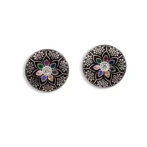 Navrang Oxidized Silver Stud Earrings – Multicolor Floral Design